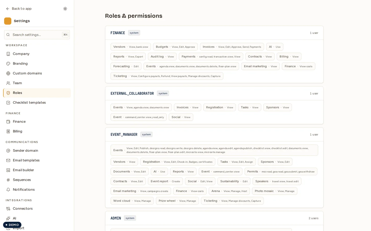 The Roles screen, listing each role and the permissions it carries.