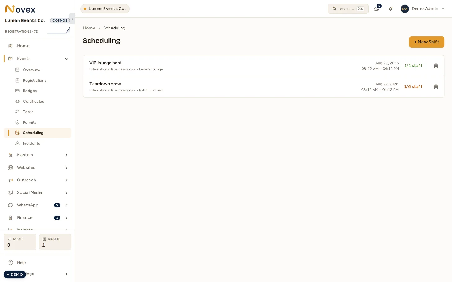 The workspace-level Scheduling screen showing two upcoming shifts, each naming the event it belongs to alongside its location, date, time and staffed count.