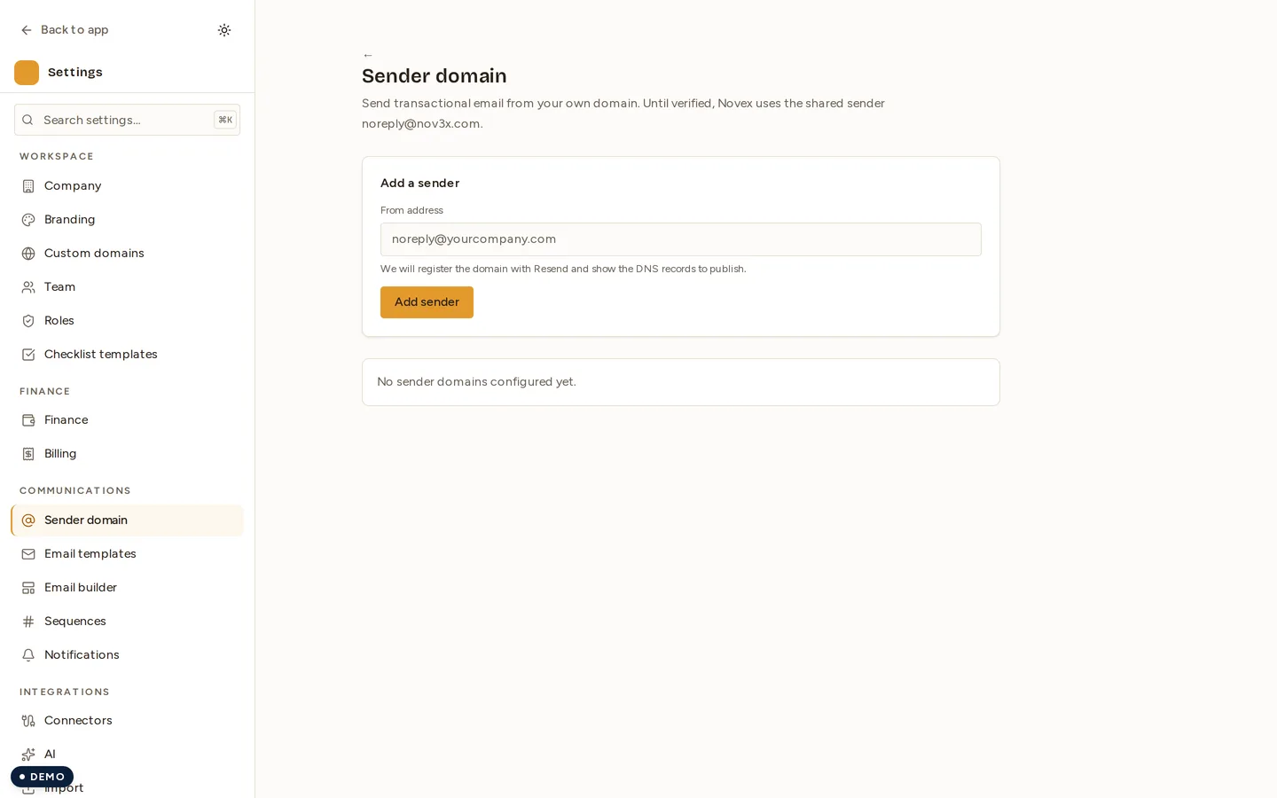 The Sender domain screen: a line explaining that Novex uses a shared sender until a domain is verified, an Add-a-sender card with a from-address field and an Add sender button, and an empty state reading "No sender domains configured yet".