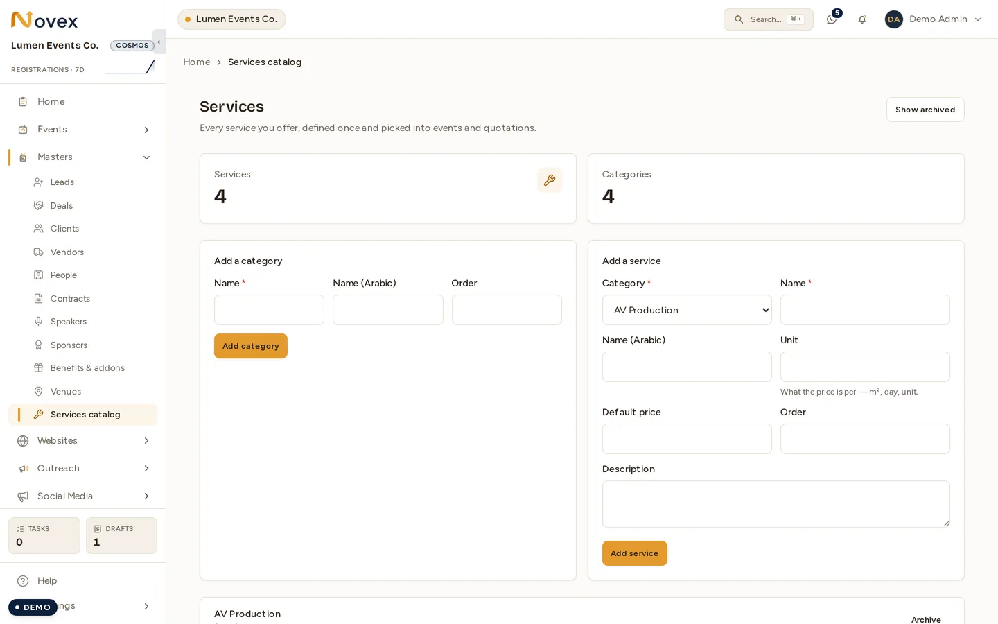 The Services master: counters for services and categories, an "Add a category" form and an "Add a service" form that takes a category, a bilingual name, a unit, a default price and a description.