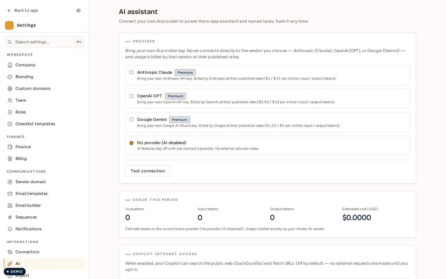 The AI settings screen with no provider selected — the provider choices, and beneath them a usage readout sitting at zero requests and $0.0000 spent.