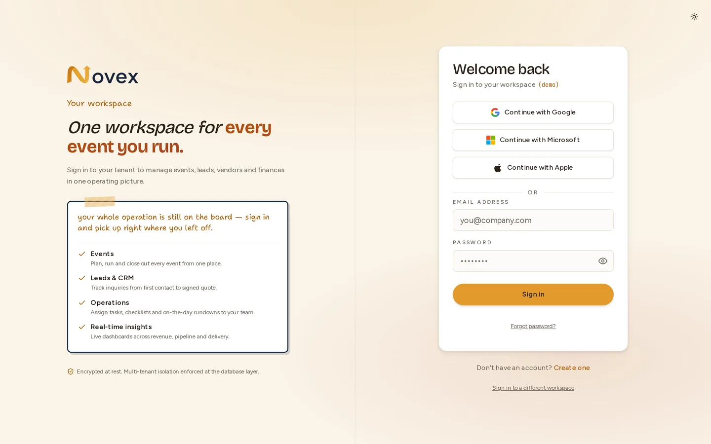 The workspace sign-in screen with the Google, Microsoft and Apple buttons above the email and password fields.
