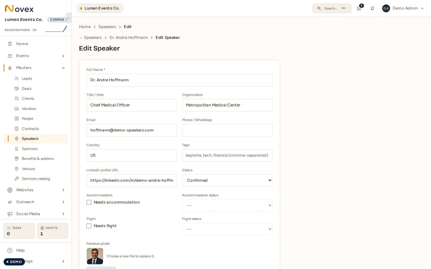 The speaker form: name, title, organisation, email, phone, country, tags and LinkedIn URL, an outreach Status dropdown, the Accommodation and Flight toggles with their own status pickers, and upload boxes for a photo and an ID/passport scan marked "Treat as PII".