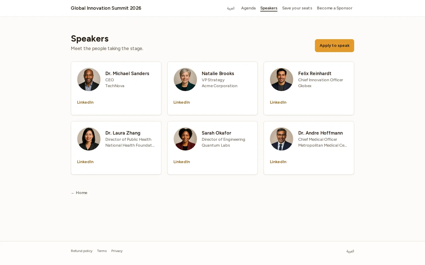 The public speakers page for a published event.