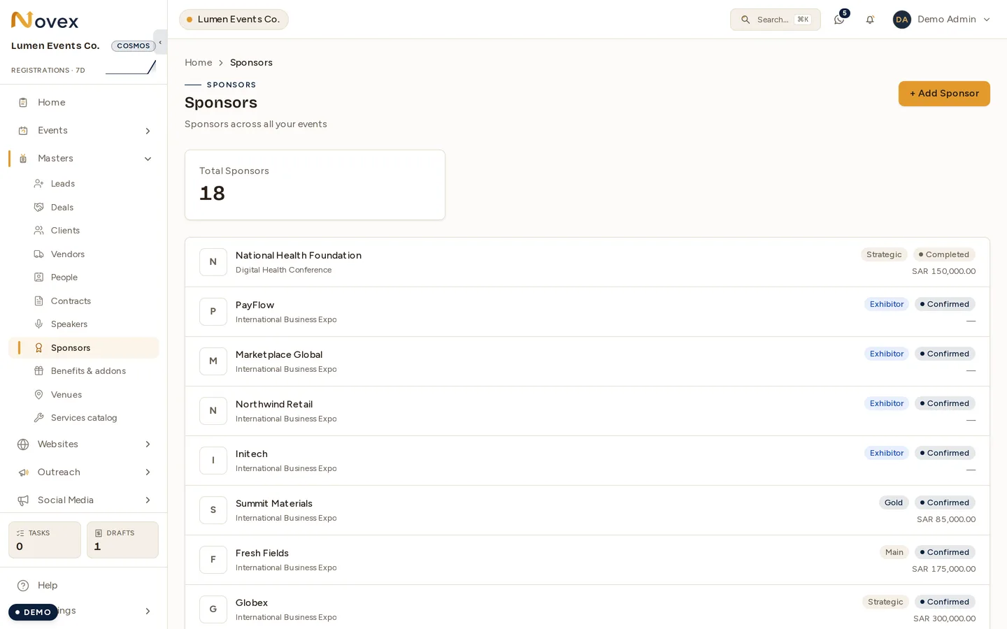 The workspace-level Sponsors list: a total count, then a row per sponsor showing which event it belongs to, its tier, its status and the contracted amount.