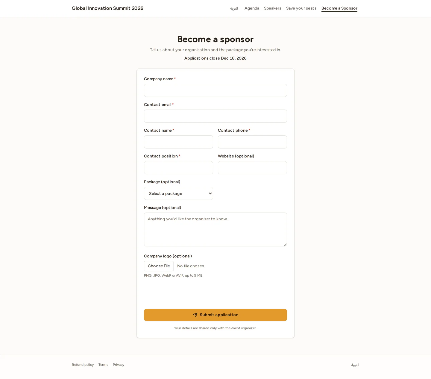 The sponsor application form, including the optional package selector and the closing date for applications.