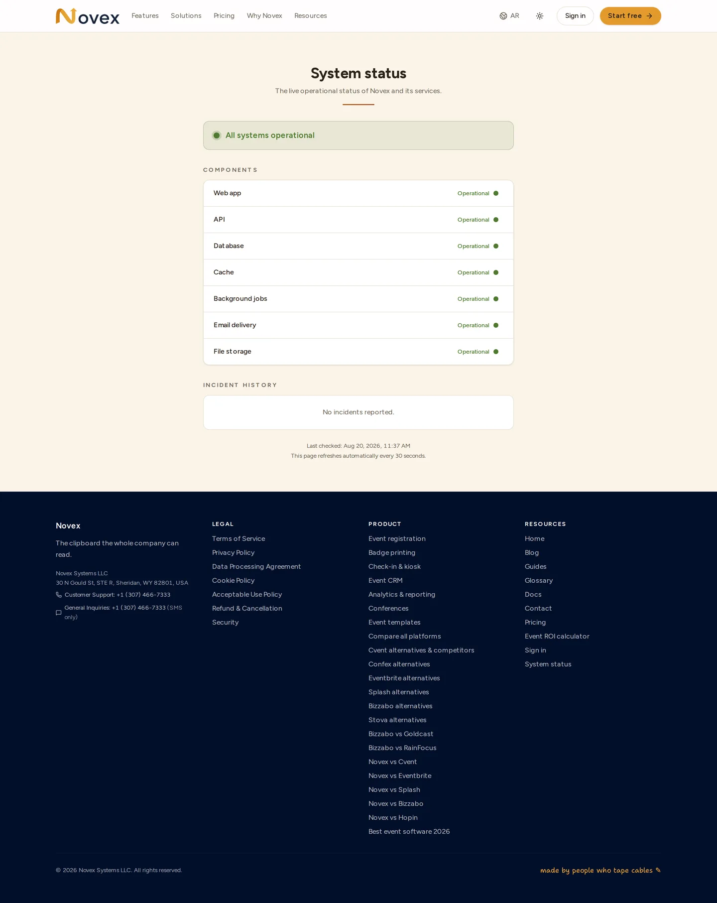 The public status page at status.nov3x.com, listing each monitored component with its current state and recent uptime.