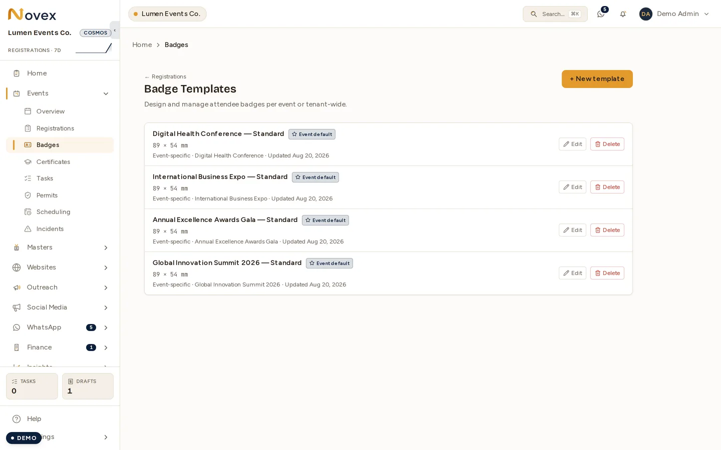 The Badge Templates list: four templates, each showing its size in millimetres, an "Event default" star, which event it is scoped to, when it was updated, and Edit / Delete buttons.