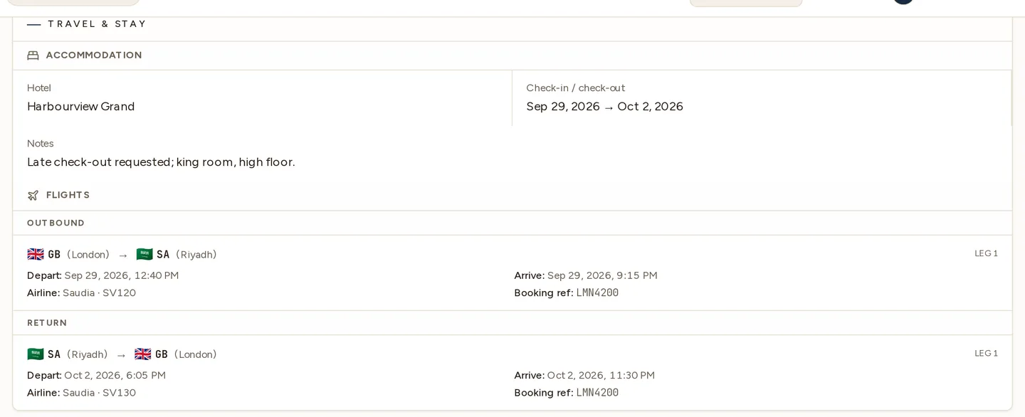 The read-only Travel & stay card on a speaker's profile: an accommodation block with hotel, check-in to check-out dates and notes, then flights grouped outbound and return, each leg showing origin and destination with country flags and cities, departure and arrival times, airline and flight number, and the booking reference.