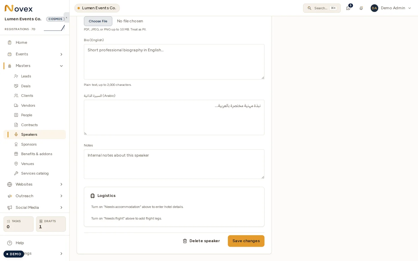 The foot of a speaker's form: the Logistics card, reading "Turn on Needs accommodation above to enter hotel details" and "Turn on Needs flight above to add flight legs" — the state before either toggle is switched on.