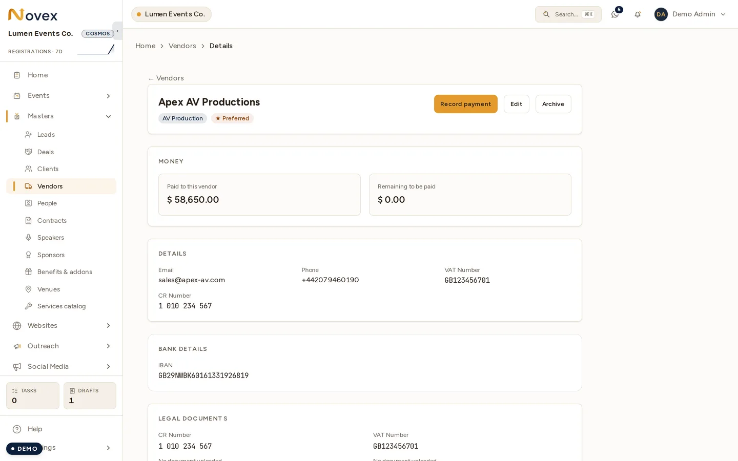 A vendor record: category and Preferred badge under the name, Record payment / Edit / Archive actions, a money card showing paid to this vendor and remaining to be paid, then details, bank details and legal-document cards.