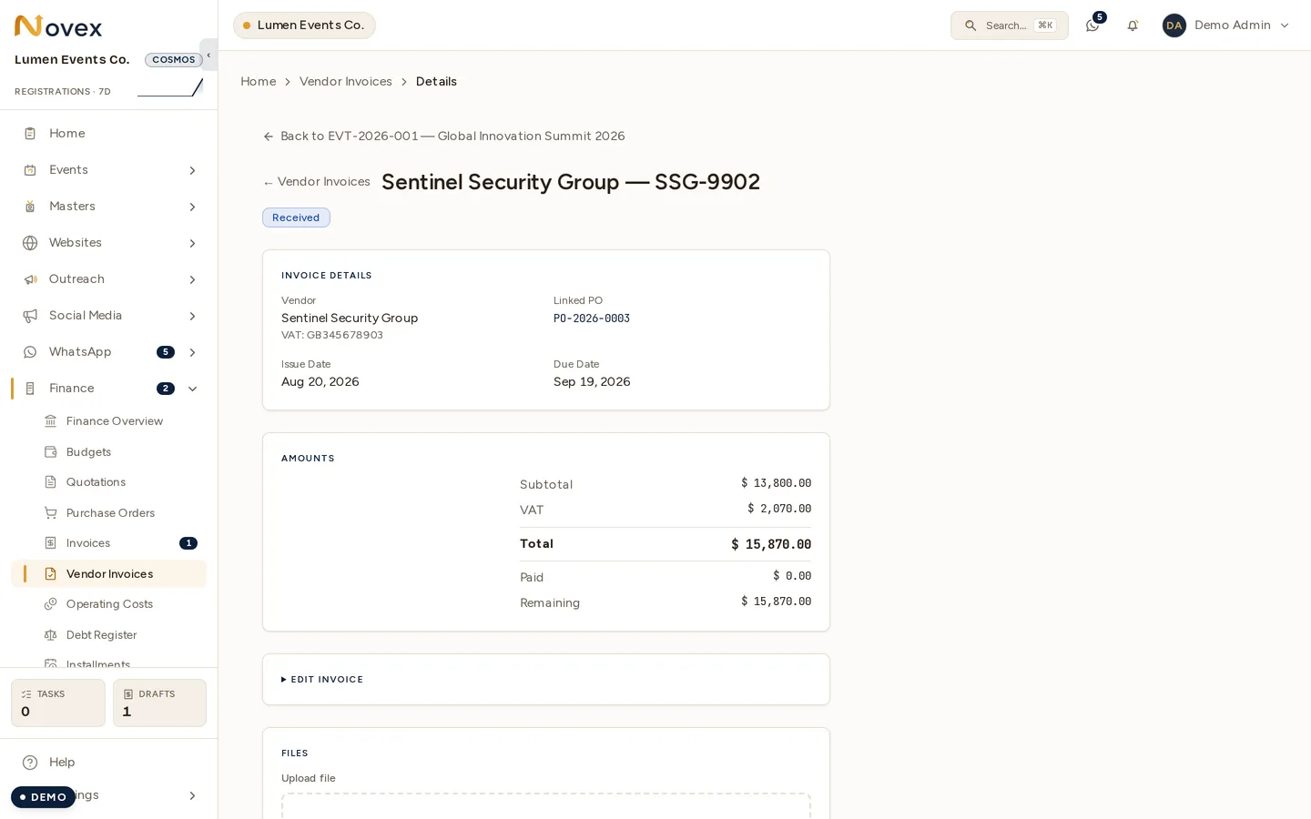 A vendor invoice: the status badge under the vendor and reference, an invoice-details card carrying the vendor's VAT number, the linked purchase order as a link, and issue and due dates, then an amounts card with subtotal, VAT, total, paid and remaining.