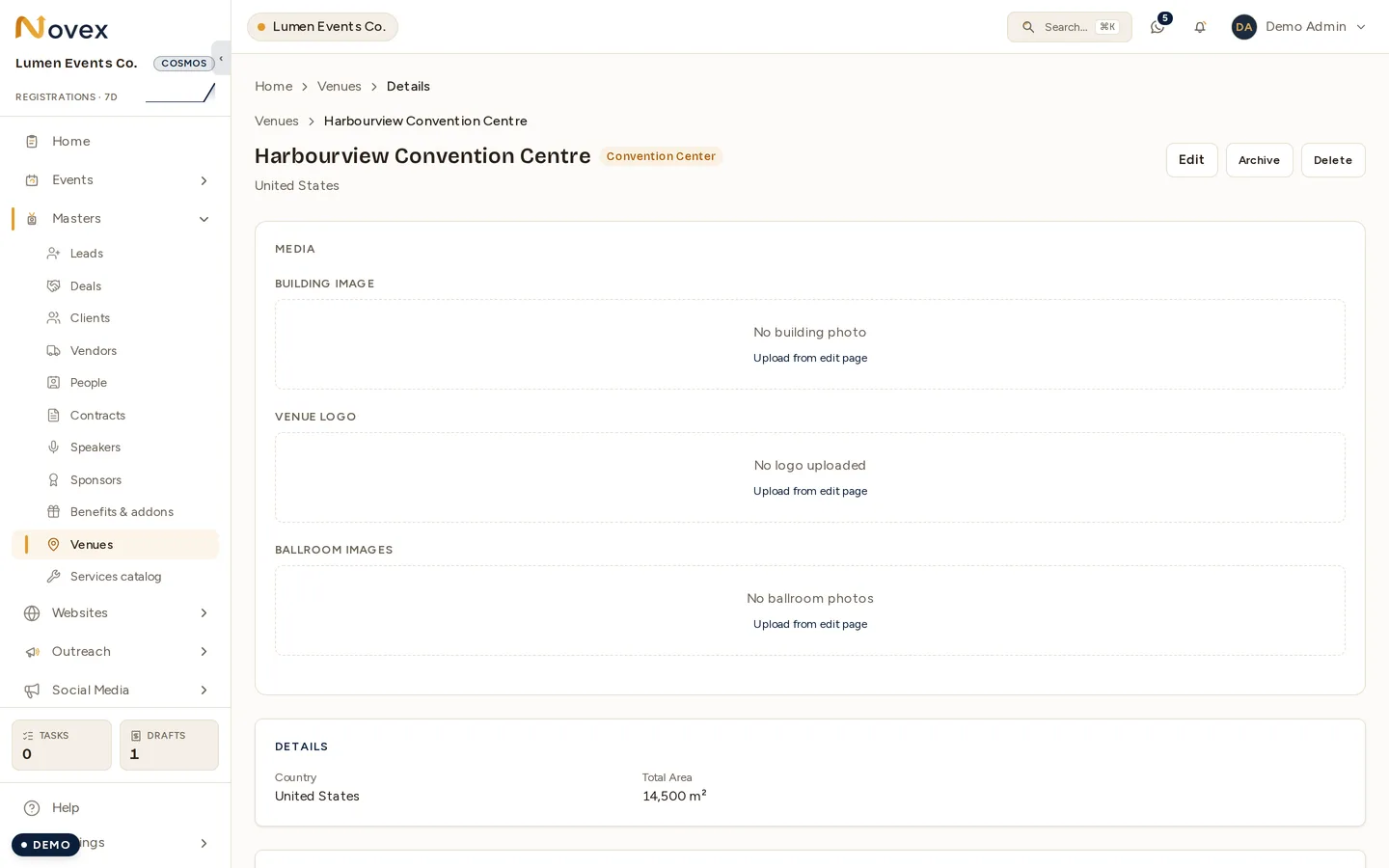 A venue's detail page: its type, country and total area, with Edit, Archive and Delete controls, and a Media section holding empty slots for a building photo, a venue logo and ballroom images.