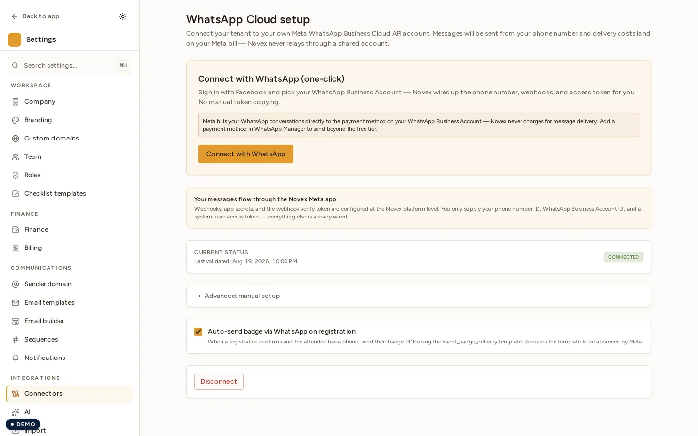 The WhatsApp Cloud connector in its connected state. The manual-setup panel is collapsed, so no phone-number ID, business-account ID or token is on screen — and neither is the template list, which lives on its own screen.