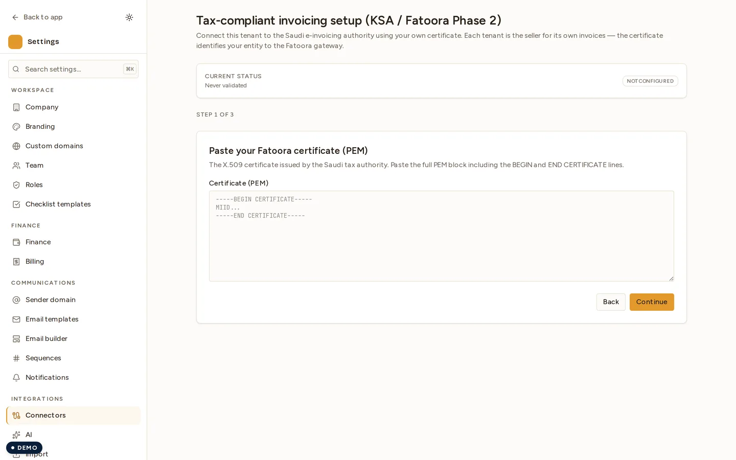 The Saudi e-invoicing connector before setup: status NOT CONFIGURED, "Never validated", and step 1 of 3 asking for the Fatoora certificate in an empty PEM box.